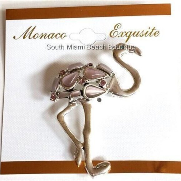 Vintage Flamingo Pin Brooch Silver Plated Purple Cats Eye Crystal Bird Ostrich - Picture 5 of 7